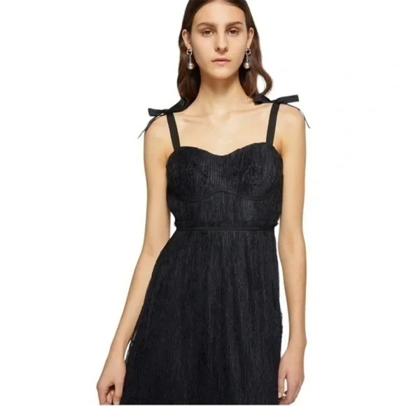 JONATHAN SIMKHAI Black Bonnie Silk Lace Plisse Midi Dress Size 8